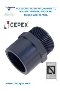 MANGUITO MIXTO, EXT-63mm, INT-50mm, 1,1/2”, PVC PRESION, PN10, ENCOLAR, MACHO – HEMBRA, ROSCA MACHO, 02089, CEPEX.