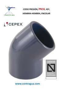 CODO PVC, PRESIÓN, 45º, D-75mm, PN16, PARA ENCOLAR, H - H, 01752, CEPEX.