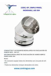 CODO, 45º, D-250mm, INOXIDABLE, AISI 304, SIMPLE PARED