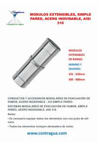 TUBO EXTENSIBLE, D-200mm, L-355 / 550mm, INOXIDABLE, AISI 316, SIMPLE PARED.