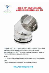 CODO, 45º, D-150mm, INOXIDABLE, AISI 316, SIMPLE PARED