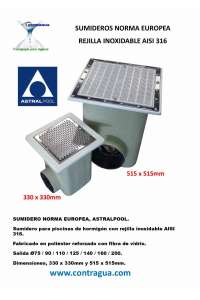 REINFORCED POLYESTER DRAIN, 515 x 515mm, S-200, STAINLESS STEEL GRATING, 20289, ASTRALPOOL.