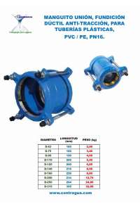 MANGUITO UNIÓN, D-63mm, ANTI TRACCIÓN, FUNDICIÓN DÚCTIL, PARA TUBERÍAS PLÁSTICAS, PE / PVC, PN16.