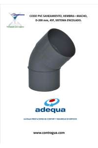 CODO PVC SANITARIO, D-200mm, 45º, HEMBRA - MACHO, SISTEMA DE ENCOLADO, ADEQUA.