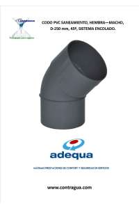 CODO PVC SANITARIO, D-250mm, 45º, HEMBRA - MACHO, SISTEMA DE ENCOLADO, ADEQUA.