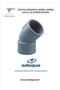 CODO PVC SANITARIO, D-40mm, 45º, HEMBRA - HEMBRA, SISTEMA DE ENCOLADO, ADEQUA.