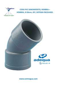 CODO PVC SANITARIO, D-50mm, 45º, HEMBRA - HEMBRA, SISTEMA DE ENCOLADO, ADEQUA.