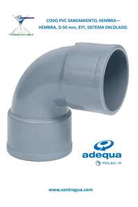 CODO PVC SANITARIO, D-50mm, 87º, HEMBRA - HEMBRA, SISTEMA DE ENCOLADO, ADEQUA.