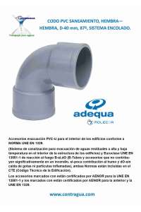 CODO PVC SANITARIO, D-40mm, 87º, HEMBRA - HEMBRA, SISTEMA DE ENCOLADO, ADEQUA.