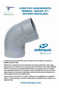 CODO PVC SANITARIO, D-90mm, 67º, HEMBRA - MACHO, SISTEMA DE ENCOLADO, ADEQUA.