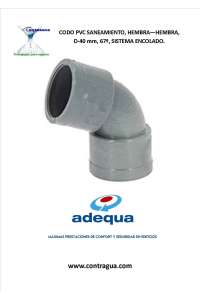 CODO PVC SANITARIO, D-40mm, 67º, HEMBRA - HEMBRA, SISTEMA DE ENCOLADO, ADEQUA.