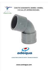 CODO PVC SANITARIO, D-32mm, 67º, HEMBRA - HEMBRA, SISTEMA DE ENCOLADO, ADEQUA.