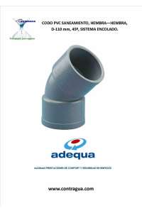 CODO PVC SANITARIO, D-110mm, 45º, HEMBRA - HEMBRA, SISTEMA DE ENCOLADO, ADEQUA.