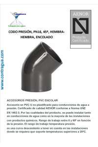 COUDE PVC, PRESSION, 45º, D-20mm, PN16, POUR COLLAGE, F - F, 01746, CEPEX.