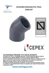 COUDE PVC, 1.1/4”, 45º, FILETAGE FEMELLE, PRESSION, PN10, 01771, CEPEX